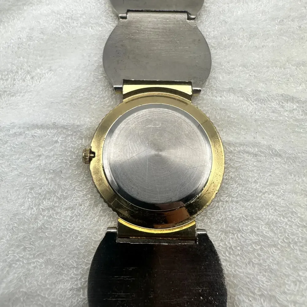 Xanadu Quartz Watch Two Tone Gold Silver Ornate Link Bracelet Black Dial